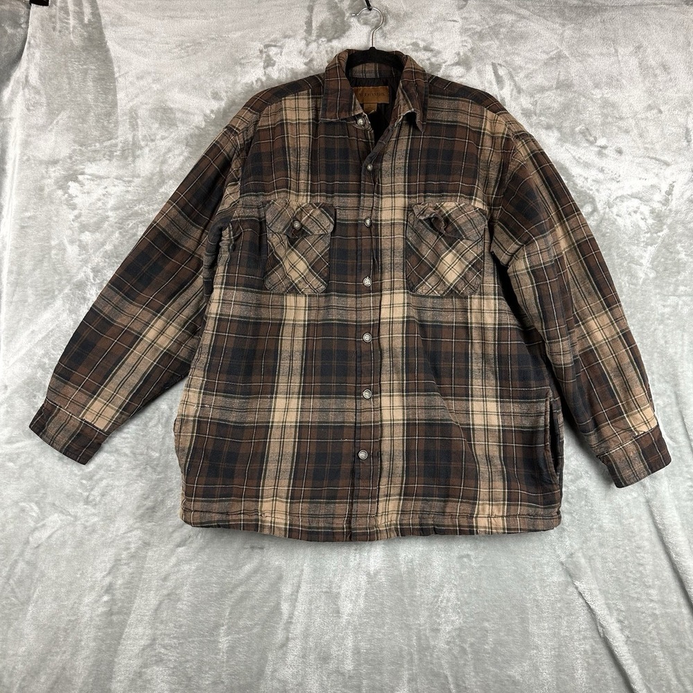 St. John's Bay Quilted Flannel Shirt Jacket Men's L Tan Brown Green Plaid Button